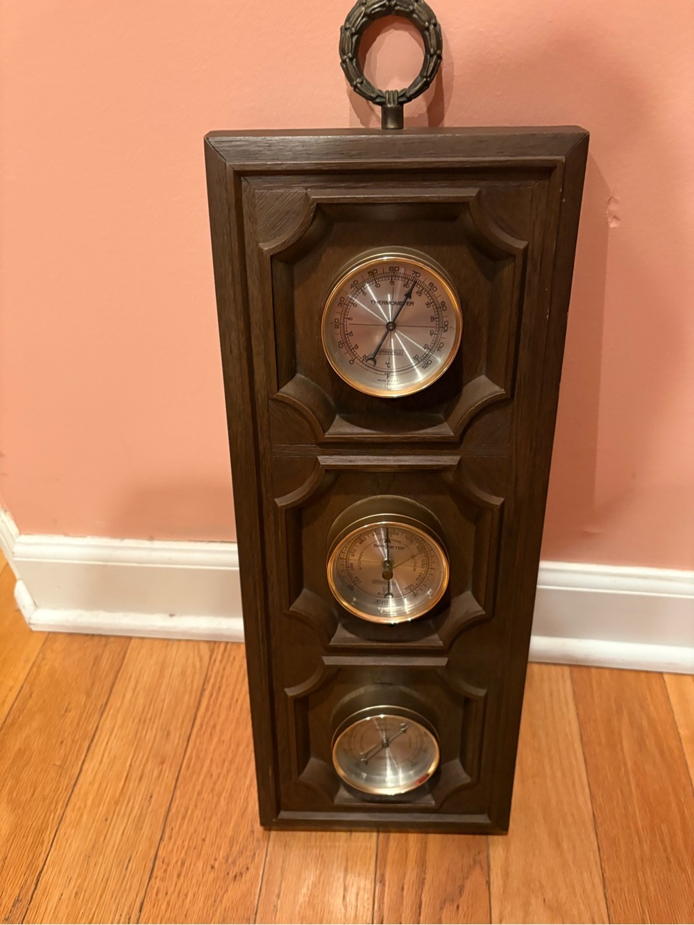 Vintage 1970’s Springfield Faux wood weather station-thermometer/barometer